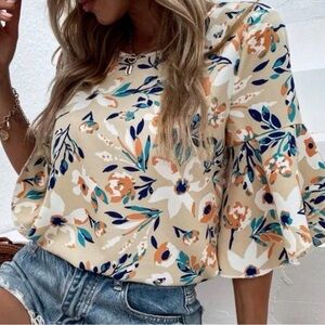 Women's Floral Bell-Sleeve Women's Top in Beige